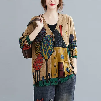 2021 pavasarį ir rudenį naują stilių art retro stiliaus spausdinimo V-kaklo, laisvi ir patogūs moteriški megzti megztinis megztinis, striukė