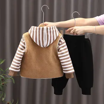 2022 Kūdikių drabužiai rudens ir žiemos aukso aksomo storas šiltas kombinezonas animacinių filmų lokys gobtuvu megztinis berniukui, mergina vilnos vaikams nuo 3-piece set