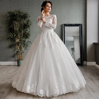 2022 Naują Atvykimo Valtis Kaklo Karoliukai Ilgomis Rankovėmis Appliques Tiulio Nėrinių A-Line Wedding Dresses Vestuvinės Suknelės Vestido De Noiva