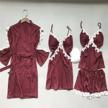 4Pcs Rūbeliai Rinkiniai Nėrinių Chalatas Kimono Mados Seksualus Chalatas Sleepwear Peignoir Vestuvių Chalatai Minkštas Bridesmaid, Chalatai H194