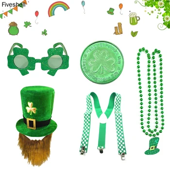 5vnt Saint St Patriko Diena Rekvizitai Airijos Green Velvet Viršų Skrybėlę, Akinius, Petnešos Karoliai Nustatyti Aldult Karnavalas Šventė Rekvizitai
