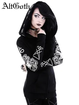 AltGoth Punk, Gothic Spausdinti Gobtuvu Palaidinukė Moterų Streetwear Derliaus Estetinės Ilgomis Rankovėmis Su Užtrauktuku Hoodies Emo Alt Grunge Drabužiai