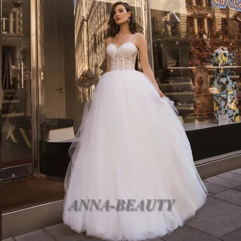 Anna Appliques Brangioji Spageti Dirželis Vestuvių Suknelės Rankovių Iliuzija Jungiamąją Iki Vestuvių Suknelė Nuotakos Pritaikyti