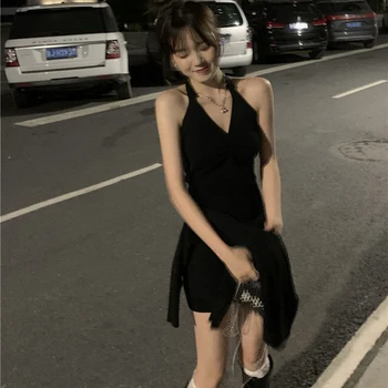 Apynasrio V-Kaklo Backless Naujas Juodas Moterys korėjos Suspender Liesas Mini Seksualus Hip-line Streetwear Moterų Suknelė