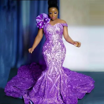 Aukštos Kokybės Nėriniai Undinė Prom Dresses Ilgai Afrikos Moterų Oficialų Suknelė Purple Elegantiškas Vestuvės Dress 2022 rūbeliai de soirée