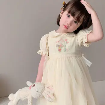 Bamblys Sleeveles Vasaros Vaikų Drabužių Baby Girl Dress Kūdikių Gėlių Siuvinėjimas ilgomis rankovėmis Saldus Princesė Dress Baby Girl
