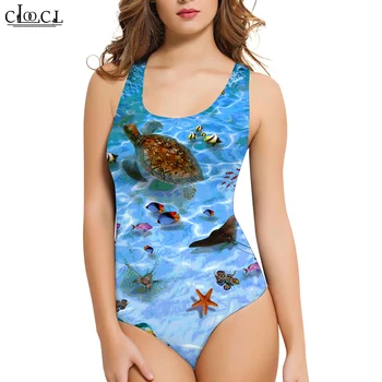 CLOOCL Moterų Berankovis maudymosi kostiumėlį, Jūros Vėžlių 3D Atspausdintas vientisas maudymosi Kostiumėliai, Moterų Vasaros Cool Ponios Paplūdimio Maudymosi Kostiumas