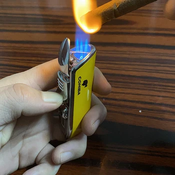 COHIBA Metalo Vėjo Mini Pocket Cigarų Žiebtuvėlio 3 Jet Blue Liepsnos Fakelas Žiebtuvėlis su Cigarų Punch Vyrų Dovana Cigarų Priedai