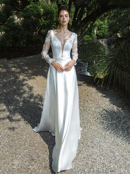Elegantiškos Linijos Ilgomis Rankovėmis Vestuvių Suknelės Giliai V Kaklo Backless 2022 Balti Chalatai Moterims, Satino Vestidos De Noiva Užsakymą