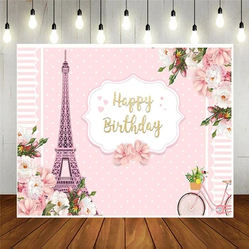 Happy Birthday Party Fone Pink Gėlių Paryžiaus Eifelio Bokštas, Princess Baby Girl Fotografijos Fone Juostelės Puošyba