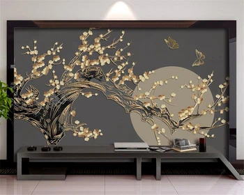 Individualizuotos fono paveikslėlį freskomis Kinų stiliaus slyvų žiedų šviesus mėnulis aukso linija fone sienų tapybos namų puošybai 3d tapetai