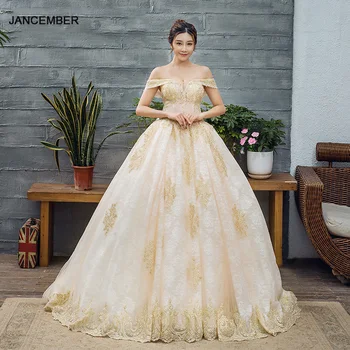 J66651 jancember vestuvių suknelės nuo peties aukso nėrinių v-kaklo grindų ilgis kamuolys suknelė vestuvių suknelės vestido de festa 2019