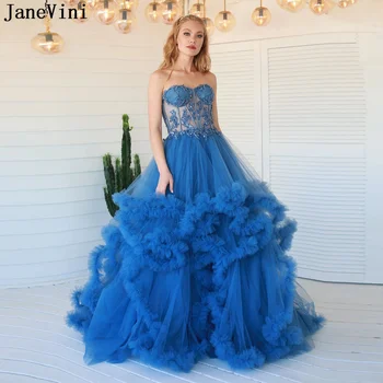 JaneVini Elegantiška Mėlynos Susiėmę Tiulio Prom Dresses 2022 Zawalcowany Reljefiniai Iliuzija Ilgas Šalis Suknelės Moterims, Vakaro Suknelės, Vestido Largo