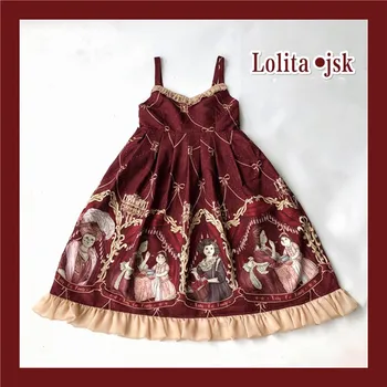 Lolita dirželis raudona suknelė vintage falbala minkštas mergina aukšto juosmens spausdinimo viktorijos suknelė kawaii girl gothic lolita cosplay loli