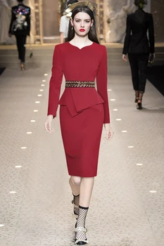 Mados Dizaineris Moterys Šalis Rudenį Suknelė su V-Kaklo, ilgomis rankovėmis Prabangus Elegantiškas Duobute Pynimas Slim Raudona Juoda Suknelės 2022