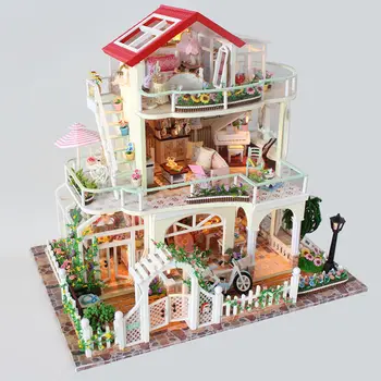Medinės Lėlės Namas Modelis Rinkiniai Miniatiūriniai Su Baldais Žibintai Dideli Villa Amžinai Casa 