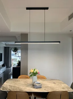 Modernus Linijinis Pakabukas Šviesos Valgomasis Droplight Balta Juoda Medienos Ilgai Kabo Lempa Papietauti Kambario Šviestuvai LED Juostelė Virtuvės Apšvietimas