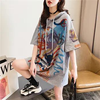 Moterys Vasarą Trumpomis Rankovėmis, Grafiti, Print T-Shirts 2021 O Kaklo Plius Dydis Hoodie Viršūnes Moterų Mados Prarasti Korėjos Stiliaus Megztinis