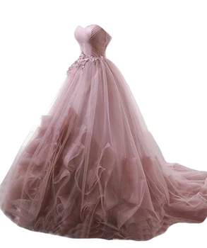 Moterų Dusty Pink Brangioji Prom Dresses Ilgai Tiulio Fėja Kamuolys Chalatai Plisuotos Appliques Zawalcowany Quinceanera Suknelę 2022