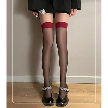 Moterų kojinės mielas juodas didelis vamzdis net raudona raudona krašto susiuvimo tinklinės kojinės plonos juodos šilko