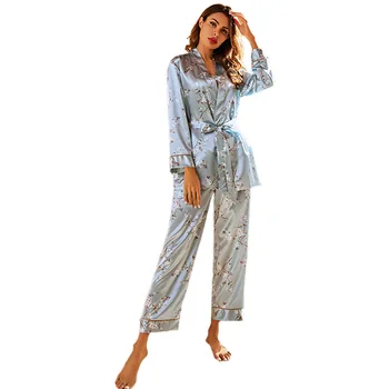 Moterų Pižama Dirbtiniais Šilko 4-piece Set naktiniai drabužiai Pavasario Sexy Diržas ilgomis rankovėmis Chalatas, Seksualus Homewear V-Kaklo Vasarą Moterys Pijama
