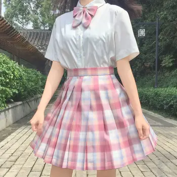 Moterų Rausva Balta Gotikos Plisuotos Pledas Sijonas Korėjos Aukšto Juosmens Seksuali Mini Sijonai Mokyklos Glir Harajuku Cosplay, Anime Sailor Kostiumas