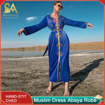 Musulmonų Apdaras Mėlyna Sunkiųjų Vertus Siuvami Gręžimo Ponios Arabijos Tradicinę Suknelę, Suknelė Šalies Islamo Skraiste Etninės Stiliaus moteriški Drabužiai