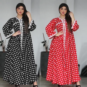 Musulmonų Polka Dot Spausdinti Suknelė Moterims Abaja Dubajus Turkijos Islamo Drabužių Elegantiškas Kaftan Kimono Skraiste Longue Femme Musulmane