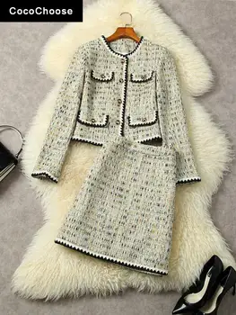 Office Lady Elegantiškas Pledas Tvido Suknelė Nustatyti Moterų 2022 kilimo ir tūpimo Tako Rudens Žiemos Ilgos Rankovės Vilnos, Vilnonis Švarkas ir Sijonas Kostiumas Komplektai