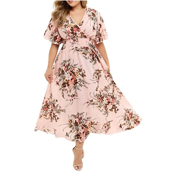 Plus Size 5XL Gėlių Suknelė Ritininės Pynimas Rankovės Nereguliarus Elegantiškas Suknelės Moterų V-kaklo Aukštos Juosmens Diržas Sundress Vestidos Rūbeliai