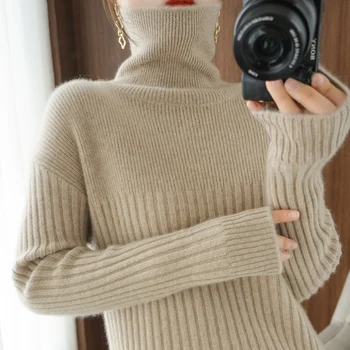 Rudenį ir žiemą naujas storio kašmyro megztinis ponios aukšto kaklo megztinis atsitiktinis mados megztos 100% grynas vilna viršuje moterų striukė