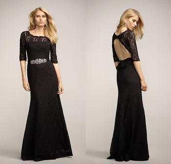 seksualus backless juoda nėrinių Ilgą vakarinę suknelę 2015 m. naujos Užsakymą pagaminti aukštos kokybės rankų darbo exqusite elegantiškas rankovėmis kristalų diržas