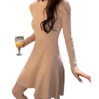 Seksualus Liesas Mini Megzti Suknelę Rudens, Žiemos Trumpos Moterų Megztinis ilgomis Rankovėmis Slim Kietas O-kaklo Linijos Suknelė Atsitiktinis Elegantiškas Moteris