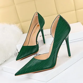 Sexy plonas kulnas moteris batai stiletto kulniukai seklių burną nurodė gyvatė modelis sapatos femininos žalia batai chaussure femme