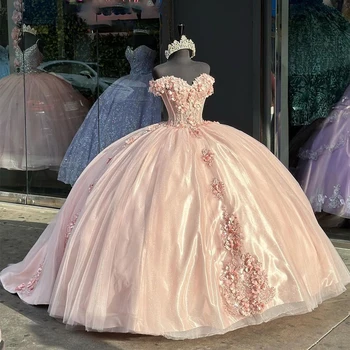 Smėlio spalvos Blizgios Quinceanera Suknelės su 3D Gėlių Aplikacijos Elegantiškas Off Peties Korsetas Saldus 16 Suknelė chalatas de Prom Dress