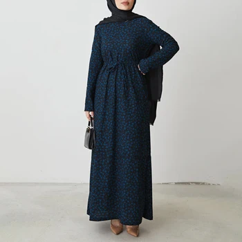 Suknelės Moterims Mėlynos spalvos Gėlių Spausdinti Musulmonų Derliaus O-apykakle ilgomis Rankovėmis Chalatas, Abaja Dubajus Pilnas draudimas Afrikos Femme Maxi Suknelė