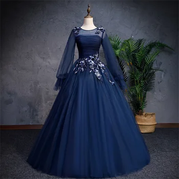 Tamsiai Mėlyna vakarinę Suknelę O-kaklo-line Grindų ilgis Tiulio Suknelės Moterims, Elegantiškas Vestuvės Dress