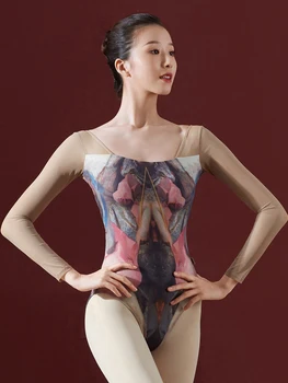 Triko baleto spausdinti jumpsuit gimnastika kostiumas Kinijos šokio praktika atitiktų moterų suaugusiųjų įstaigos mokymo bazės kostiumas akių ilgomis rankovėmis