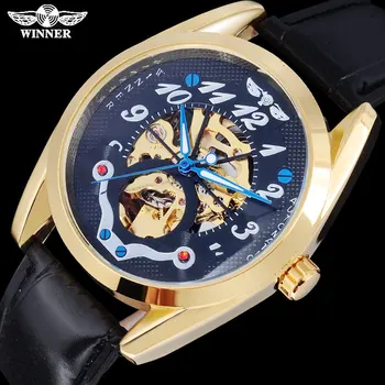 TWINNER mados prekės ženklo vyrai mechaniniai laikrodžiai odinis dirželis karšto atsitiktinis vyrų automatinė skeleton gold black laikrodžiai reloj hombre