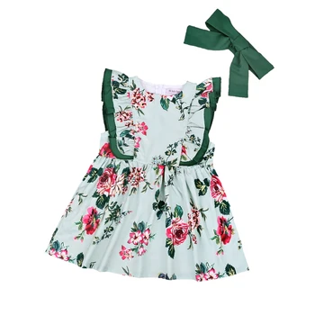 Vaikų Mergaičių Mados Flounce Rankovių Žalia Suknelė Vasaros Gėlių Apvali Kaklo-Line Princesė Dress Minkšta Ir Kvėpuojanti Saldus