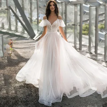 Vestuvinė Suknelė 2021 Iliuzija Užsakymą Vestido de Noiva Bžūp Rankovėmis ir V-Kaklo-Line Per Užtrauktuką Mygtuką Atgal Nuotakos Suknelė