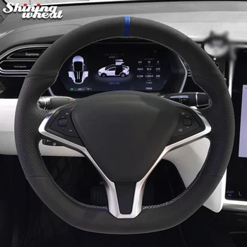 Šviečia kviečių Juoda natūralios odos Juoda Suede Vairas Padengti Tesla model S